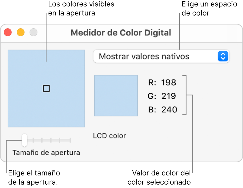 La ventana de Medidor de Color Digital muestra el color seleccionado en la apertura de la izquierda, el menú desplegable Espacio de color, los valores del color y el regulador Tamaño de apertura.