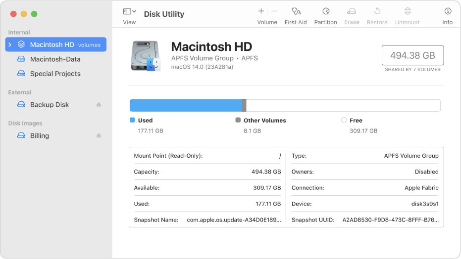 A Disk Utility window with Show Only Volumes view selected. The sidebar on the left displays two internal volumes, one external volume and one disk image volume. The right side of the window shows details about the selected volume.