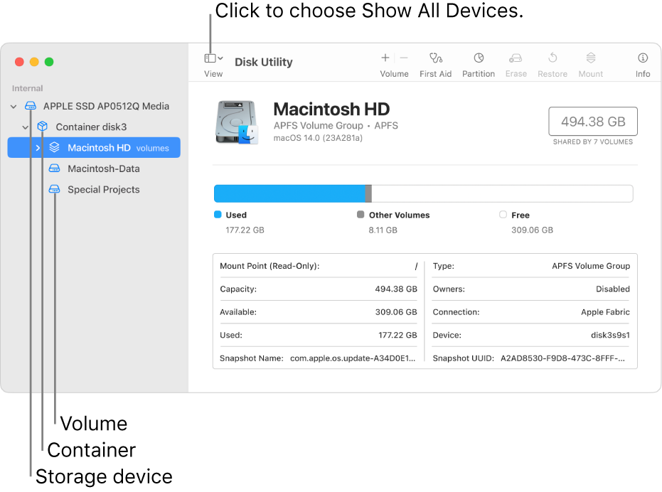 A Disk Utility window showing three volumes, a container and a storage device in Show All Devices view.