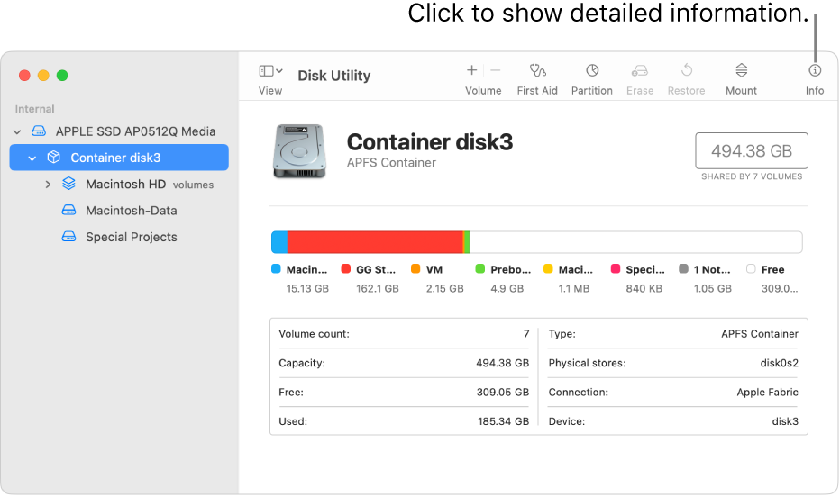 A Disk Utility window showing a storage device selected in the sidebar and information about the device displayed on the right.