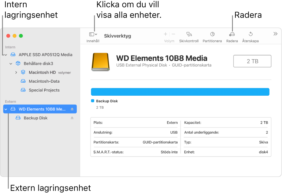 Ett fönster i Skivverktyg med två lagringsenheter i vyn Visa alla enheter.