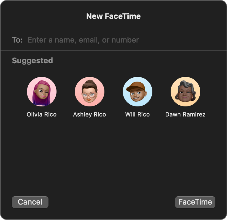 Das Fenster „Neuer FaceTime-Anruf“ – gib Anrufer direkt in das Feld „An“ ein oder wähle sie in „Vorgeschlagen“ aus.