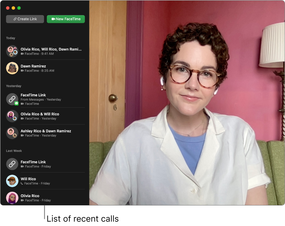 A FaceTime window showing the list of recent callers on the left.