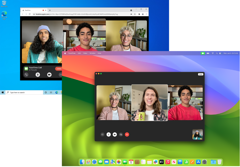 Um MacBook Pro com uma chamada de grupo do FaceTime em sessão. Por trás, um PC com um FaceTime na chamada de grupo da web em sessão.