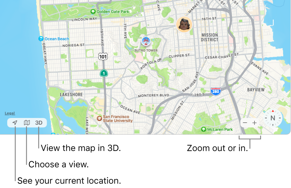 A view of the Find My window showing people’s locations on a map. In the lower-left corner, use buttons to see your current location, choose a view, and view the map in 3D. In the lower-right corner, use the zoom buttons to zoom in or out on the map.