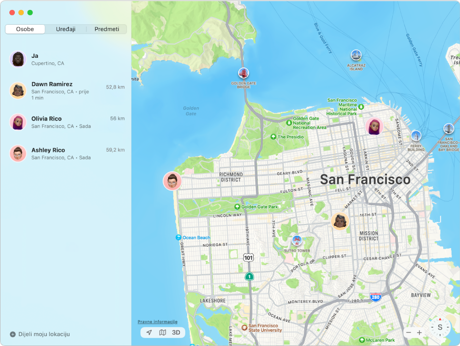 Aplikacija Pronalaženje s prikazom popisa prijatelja u rubnom stupcu i njihovih lokacija na karti na desnoj strani.
