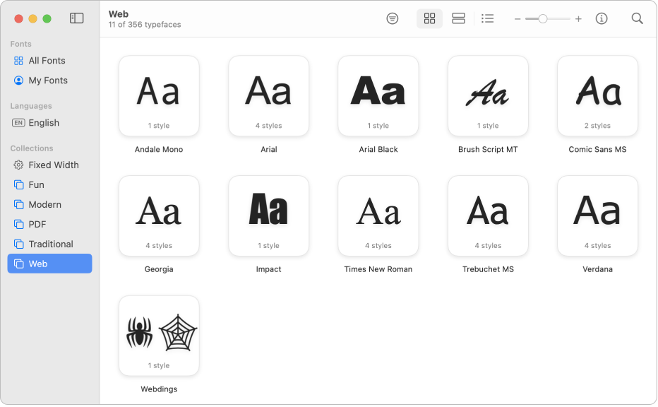 Prozor Knjige fontova koji prikazuje web kolekciju odabranu u rubnom stupcu.