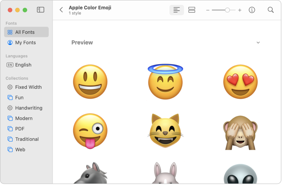 Prozor Knjige fontova koji prikazuje pretpregled fonta Apple Color Emoji.