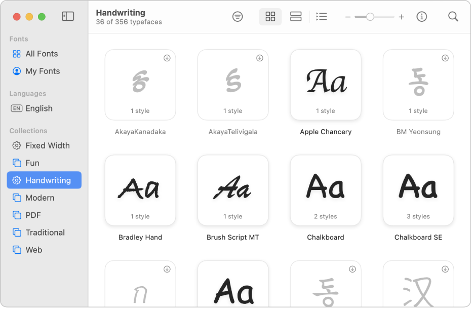 Het venster van Lettertypecatalogus met de lettertypen in de lettertypeset 'Handschrift'.