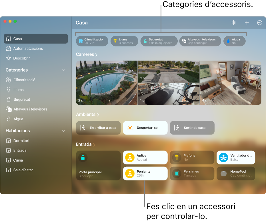 La pantalla de l’app Casa amb les categories d’accessoris al llarg de la part superior i, a continuació, les transmissions de les càmeres, les tessel·les dels ambients i les tessel·les dels accessoris de l’habitació “Entrada”.