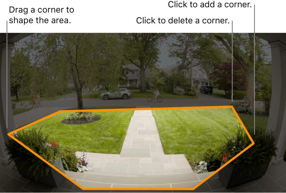 A camera view of an entrance, showing an outlined activity zone around the front yard.