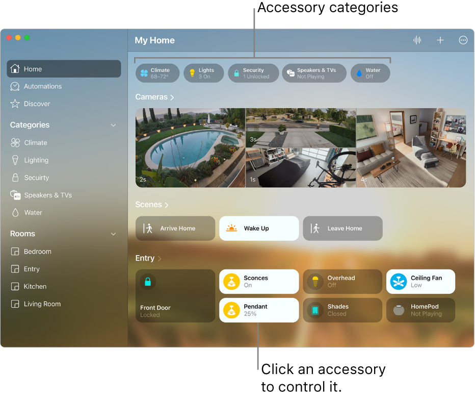 The Home screen displaying accessory categories along the top, followed by camera feeds, scene tiles, and accessory tiles in the room “Entry.”