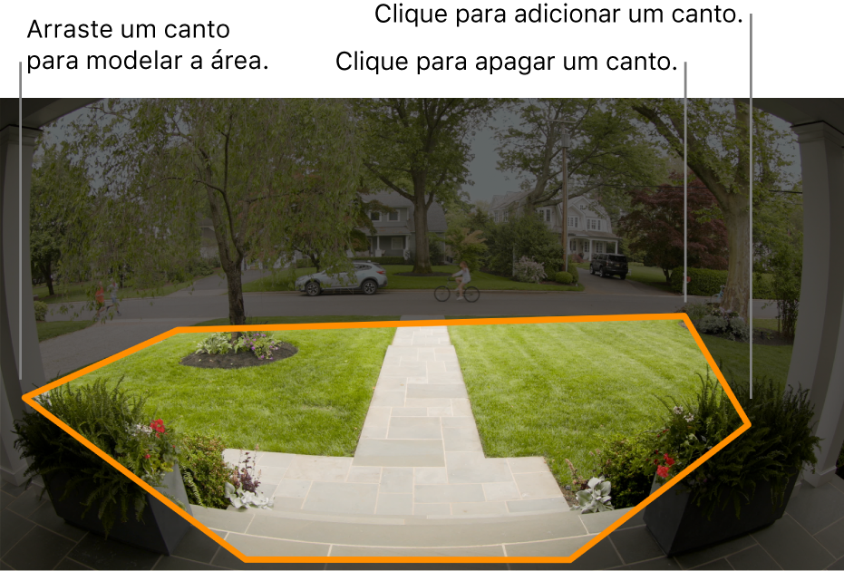 Uma visualização de câmera de uma entrada, mostrando uma área de atividade destacada ao redor do jardim frontal.