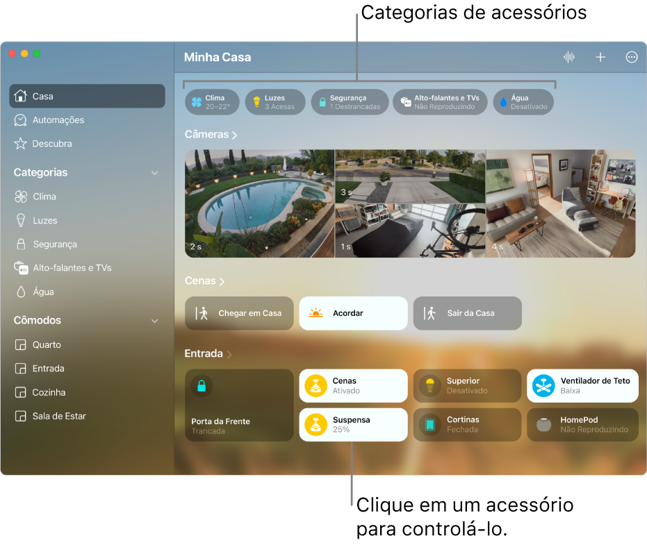 Tela do app Casa mostrando categorias de acessórios na parte superior, seguidas por feeds de câmera, ícones de cena e ícones de acessórios no cômodo “Entrada”.
