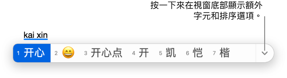 輸入 kaixin（開心）的候選字視窗。第一個顯示的候選字是簡體中文格式的開心（开心）。第二個顯示的候選字是開心的臉部表情符號。可以按一下視窗右側的單一向下箭嘴以在視窗最下方顯示排序選項。