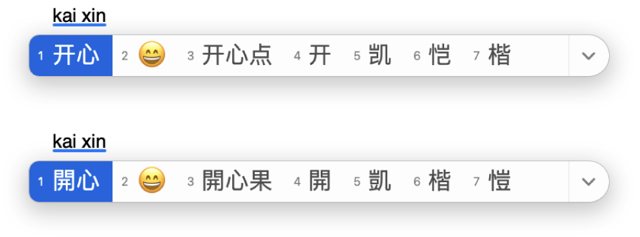 你輸入 kaixin（開心）後，候選字視窗會顯示可能符合的簡體或繁體中文字元。