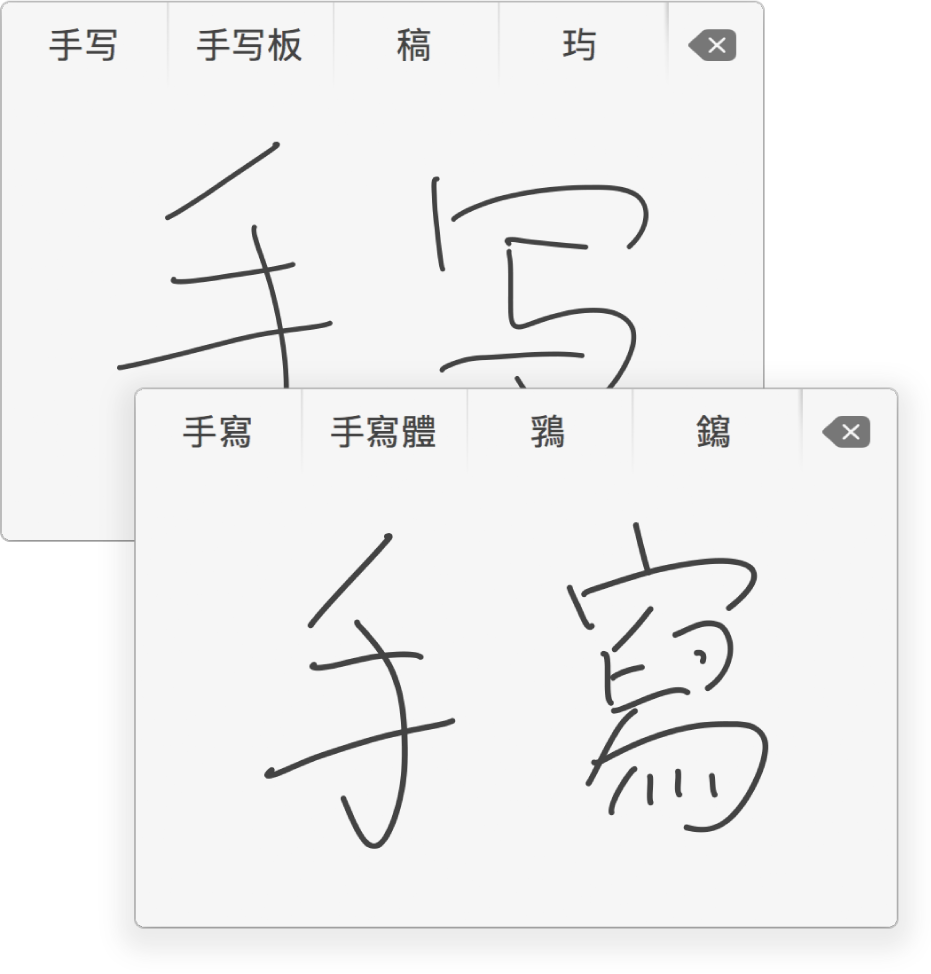 「手寫輸入」視窗在手寫的簡體（上方）或繁體（下方）中文字元上方顯示可能與「手寫」相符的字元。