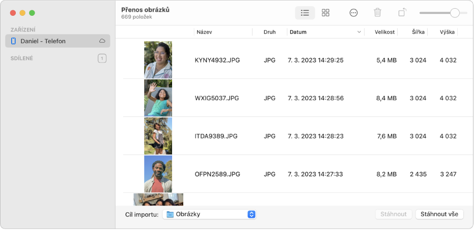 Okno aplikace Přenos obrázků s obrázky, které mají být importovány z iPhonu.