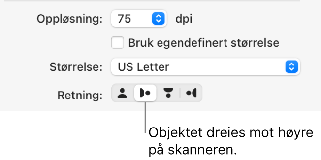 Retning-knappene i Skanner-vinduet. En uthevet knapp viser at et objekt er rotert til høyre på skanneren.