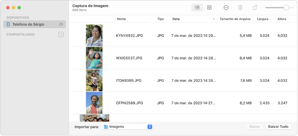 A janela do Captura de Imagem mostrando imagens a serem importadas de um iPhone.