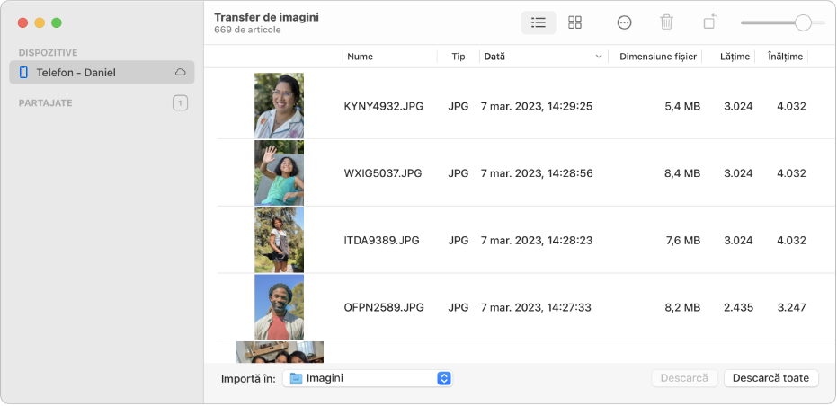 Fereastra Transfer de imagini afișând imaginile de importat de pe un iPhone.
