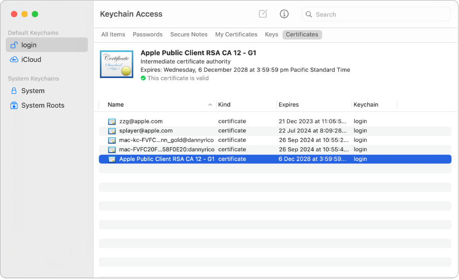 The Keychain Access window showing certificates.