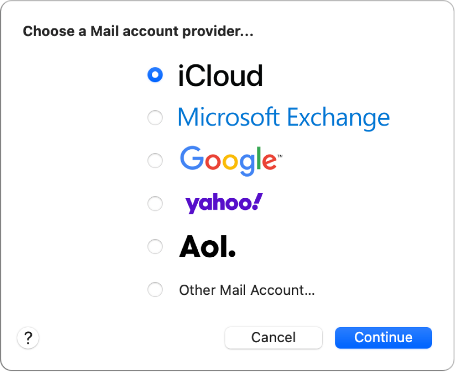 The dialogue to choose an email account type, showing iCloud, Microsoft Exchange, Google, Yahoo, AOL and Other Mail Account.