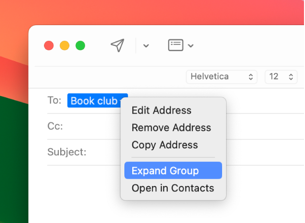 An email showing a list in the To field and the pop-up menu showing the Expand Group command.