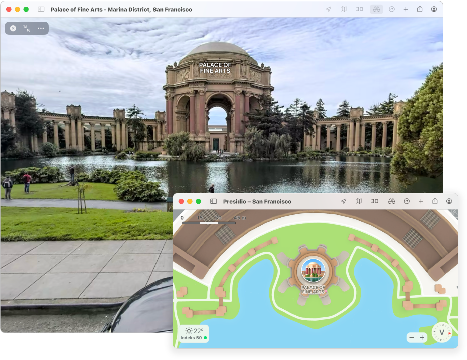 En interaktiv 3D-oversigt over en lokal seværdighed i San Francisco., med et kort i nederste højre hjørne.
