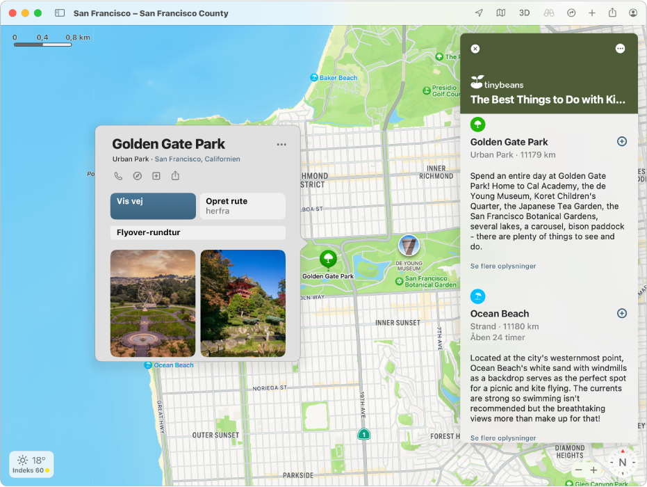 Et kort over San Francisco. Til højre og venstre for kortet er der guider til mad og rejser.
