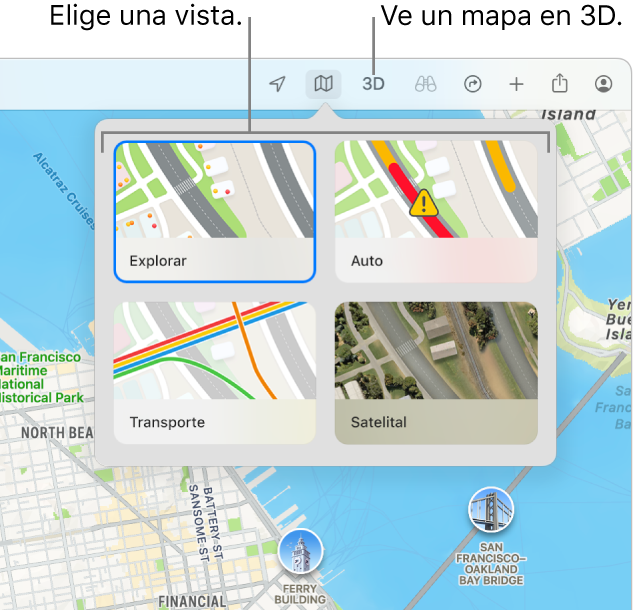 Un mapa de San Francisco mostrando opciones de visualización de mapa: Explorar, Auto, Transporte público y Satelital.