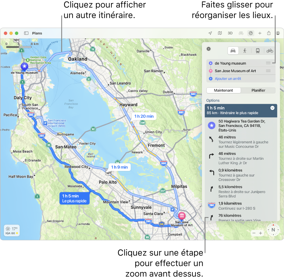 Un plan de San Francisco affichant un itinéraire à vélo, avec les informations relatives au dénivelé et à la circulation.
