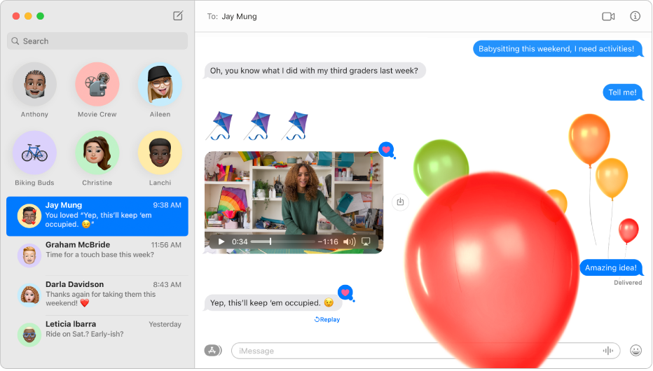The Messages window with several conversations listed in the sidebar on the left, and an active conversation on the right. The conversation includes balloon message effects, a photo and a Tapback on the last message.