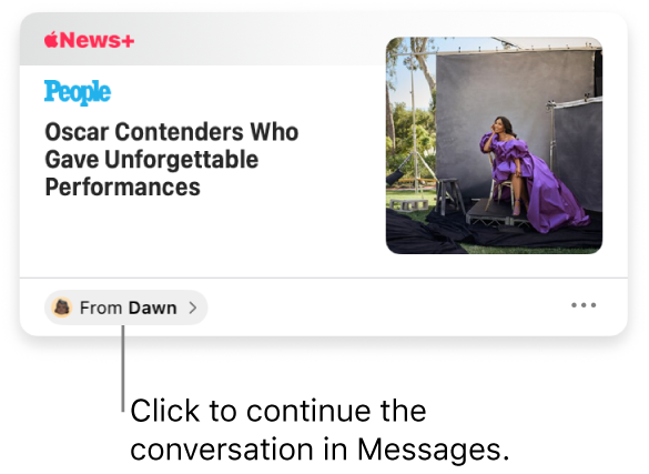 A news article shared in News. Click the From label to send a reply in Messages.