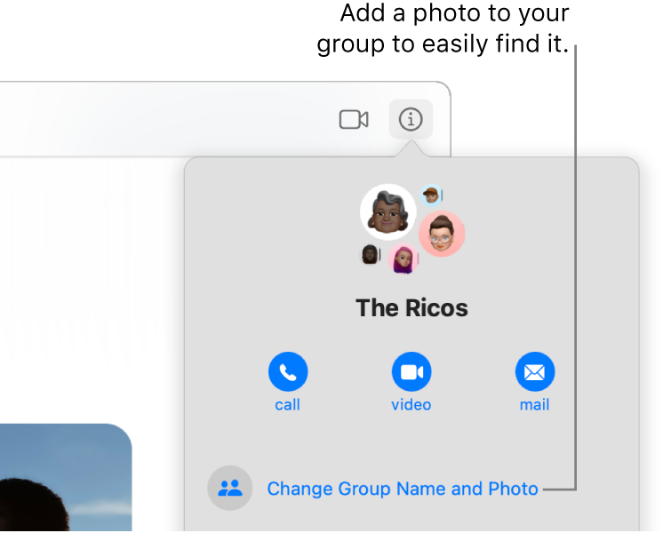 Info view of a group conversation, which appears after you click the Info button in a conversation, showing icons of the members of the group and the group name. Below the group name are buttons to make an audio or FaceTime video call or email the group. Below those is the button to change the group name and photo.