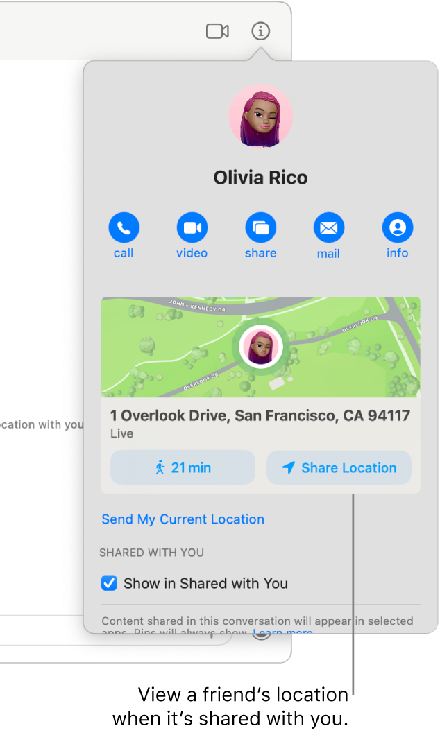 Info view, which appears after you click the Info button in a conversation, showing the icon of a person who shared their location with you and a map and address of their location.