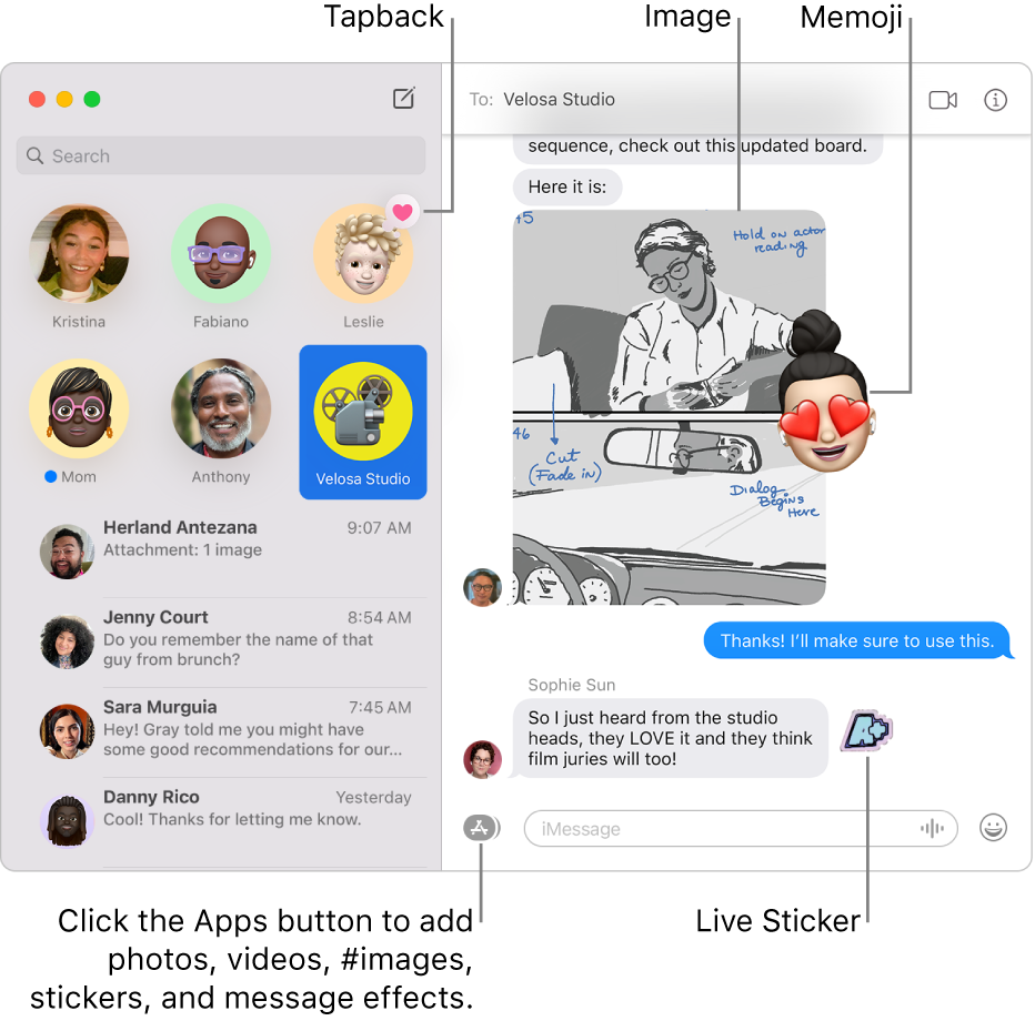 The Messages window with several conversations listed in the sidebar at the left, and a transcript showing at the right. A few items are highlighted in the transcript: a Tapback above a pinned conversation on the left, an image and Memoji on the right, and a Live Sticker in the lower-right corner. Click the Apps button at the bottom of the window to add photos, videos, #images, stickers, and message effects.