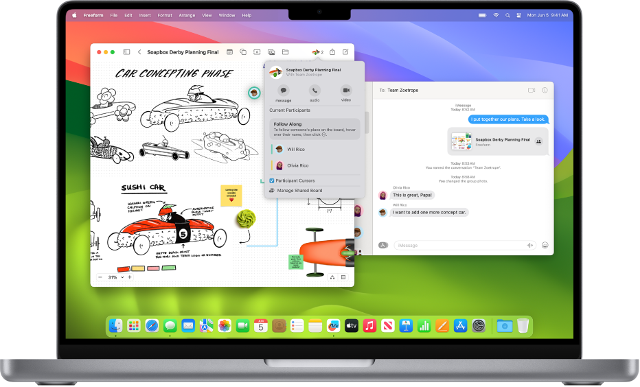 Le bureau Mac avec deux fenêtres ouvertes : la fenêtre Freeform avec un tableau partagé et des options pour la collaboration, et l’app Messages avec une conversation qui affiche le même tableau partagé.