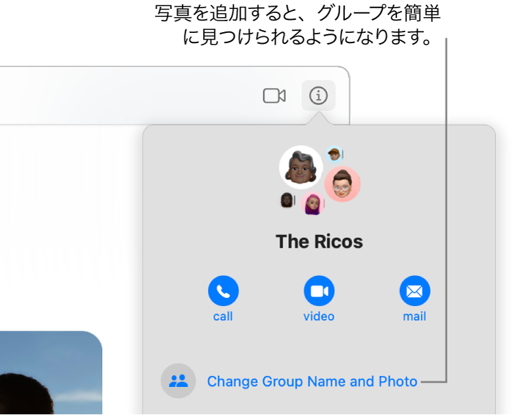 チャットで「情報」ボタンをクリックすると表示されるグループチャットの「情報」表示。グループメンバーのアイコンやグループ名が表示されています。 グループ名の下には、オーディオ通話やFaceTimeビデオ通話のボタンや、グループにメールを送るボタンがあります。 その下には、グループの名前や写真を変更するボタンがあります。