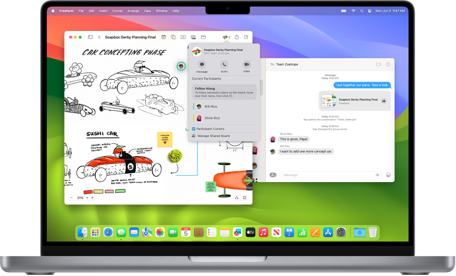 Экран компьютера Mac с двумя открытыми окнами. В окне Freeform показана общая доска с параметрами совместной работы, а в окне Сообщений отображается разговор с этой общей доской.