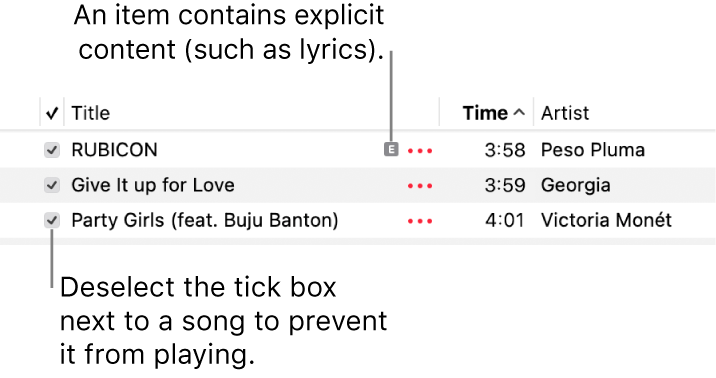 Detail of the songs list in Music, showing the tickboxes and an explicit symbol for the first song (indicating it has explicit content, such as lyrics). Deselect the tickbox next to a song to prevent it from playing.