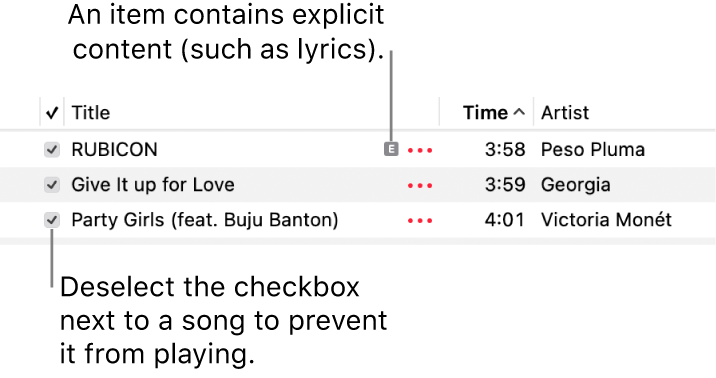 Detail of the songs list in Music, showing the checkboxes and an explicit symbol for the first song (indicating it has explicit content such as lyrics). Deselect the checkbox next to a song to prevent it from playing.