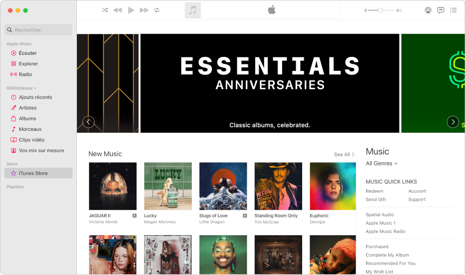 La fenêtre principale de l’iTunes Store : dans la barre latérale, iTunes Store est surligné.