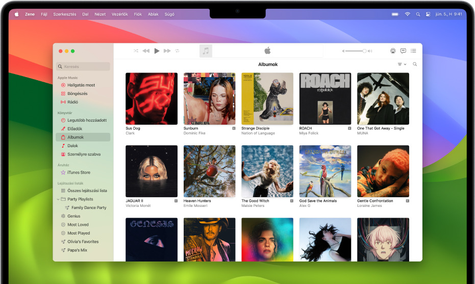 Az Apple Music ablaka, albumokat tartalmazó könyvtárral.