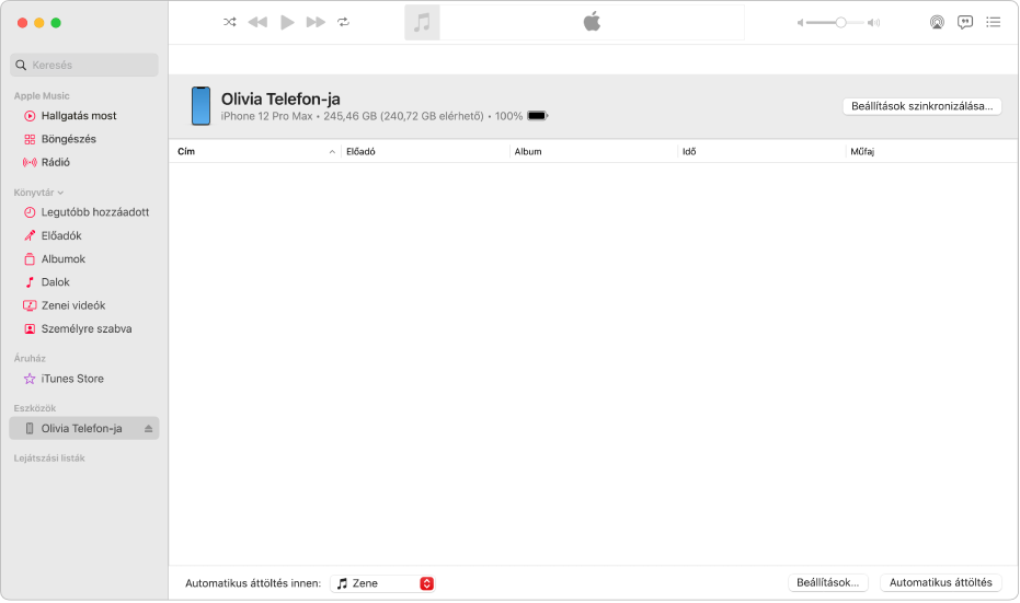 A Zene ablak egy eszközzel (Julie iPhone-ja) az oldalsávon. A jobb felső sarokban található Beállítások szinkronizálása gomb megnyitja a Finder alkalmazást.