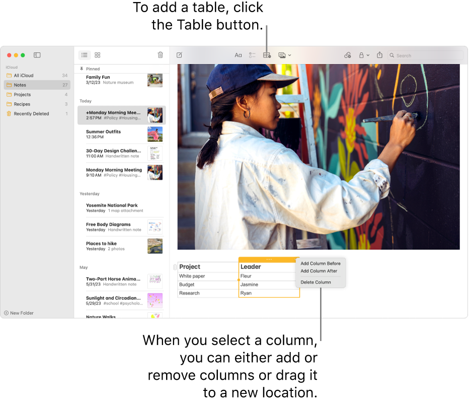 The Notes window showing the Table button—click it to add a table. Within the note content, a table column is selected so you can either add or remove columns or drag it to a new location.