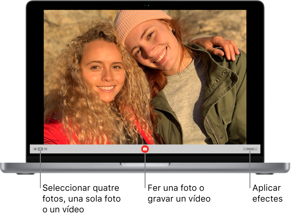 Finestra del Photo Booth amb el botó “Fer foto” a la part inferior. L’opció d’una sola foto seleccionada a la part inferior esquerra de la finestra amb el botó Efectes a la part inferior dreta de la finestra.