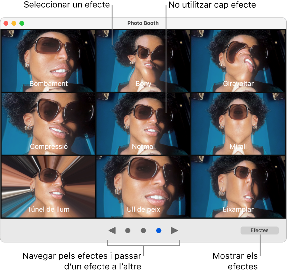 Finestra del Photo Booth que mostra una pàgina d’efectes, com ara els efectes de mirall i de compressió, entre altres. Els botons d’exploració estan a la part inferior central de la finestra amb el botó Efectes a la part inferior dreta.