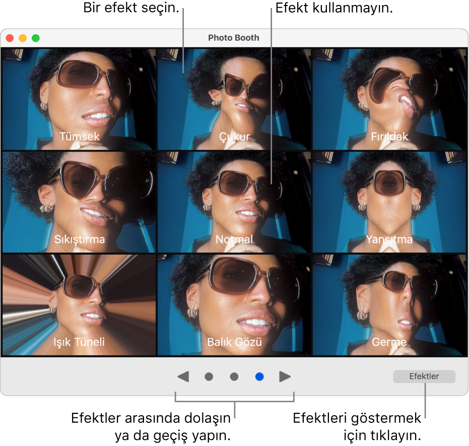 Ayna, Sıkıştırma vb. efektler sayfasını gösteren bir Photo Booth penceresi. Göz atma düğmeleri pencerenin alt kısmında ortada, Efektler düğmesi ise sağ alttadır.