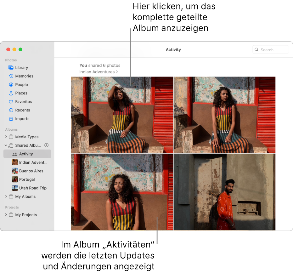 Das Fenster „Fotos“ mit dem in der Seitenleiste ausgewählten Bereich „Aktivität“; rechts wird das Album „Aktivität“ angezeigt.